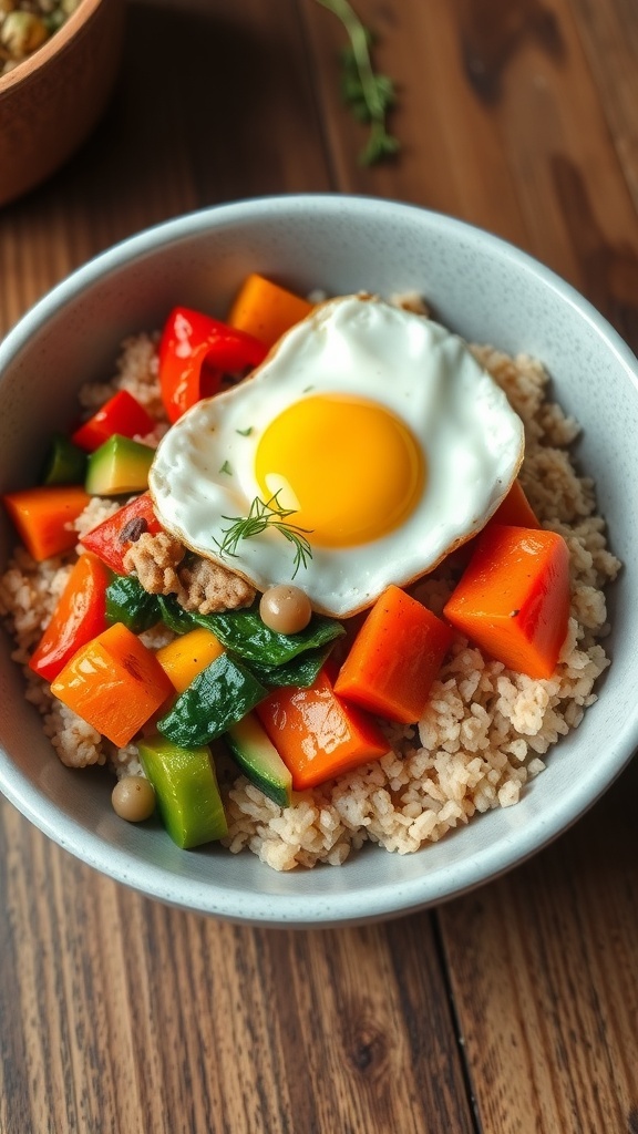 A nutritious bowl of oat and rice with sautéed vegetables, topped with a fried egg and avocado slices on a wooden table.